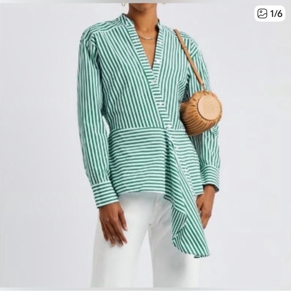 Veronica Beard Green and White Striped Blouse